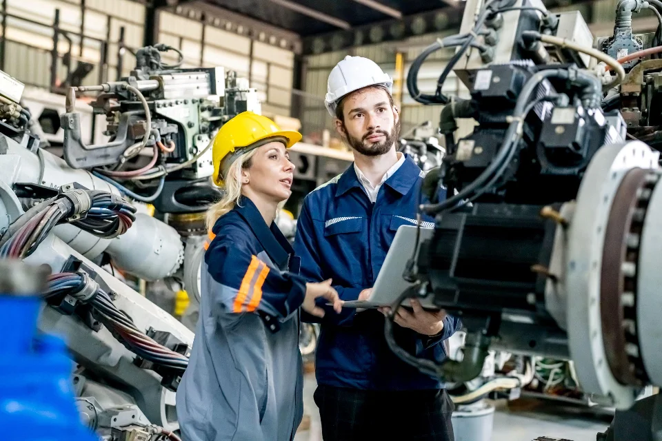Três profissionais analisam máquinas e equipamentos em uma área industrial.